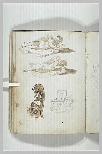 Amour dormant ; tête de guerrier casqué ; étude de mobilier à l'antique