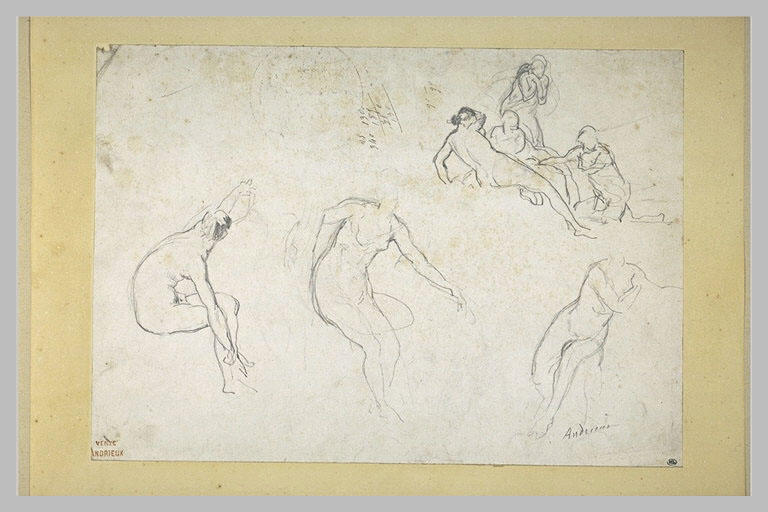 Feuille d'études : tois femmes assises et un groupe de figures