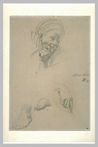 Tête de femme avec un turban , deux études de pieds et une main