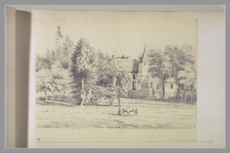 Paysage avec clocher et maison à tourelle, paysanne et vache