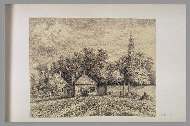 Paysage avec des maisons et le mur d'un parc