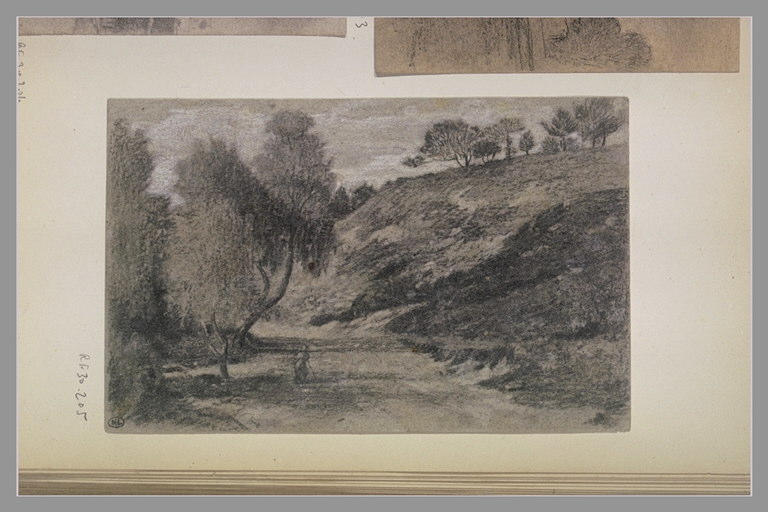 Paysage boisé et escarpé avec une femme sur la route