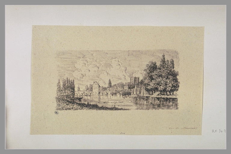 Ville avec château, pont et rivière : vue de Nemours