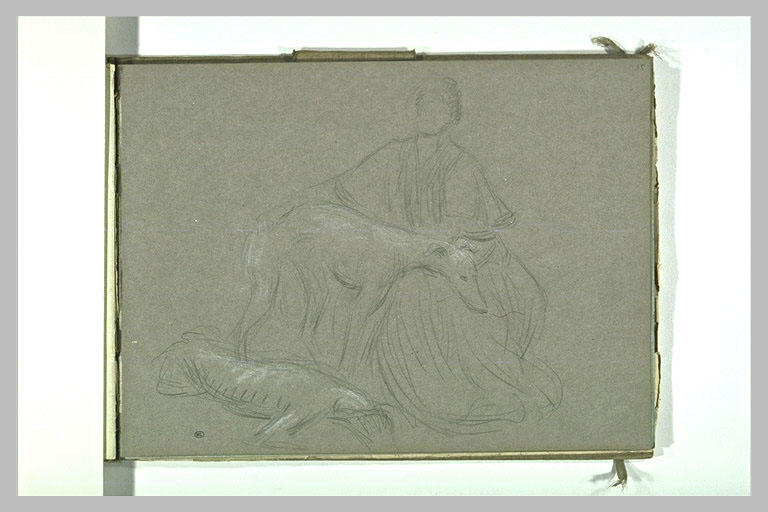 Femme accroupie, à côté de deux chiens