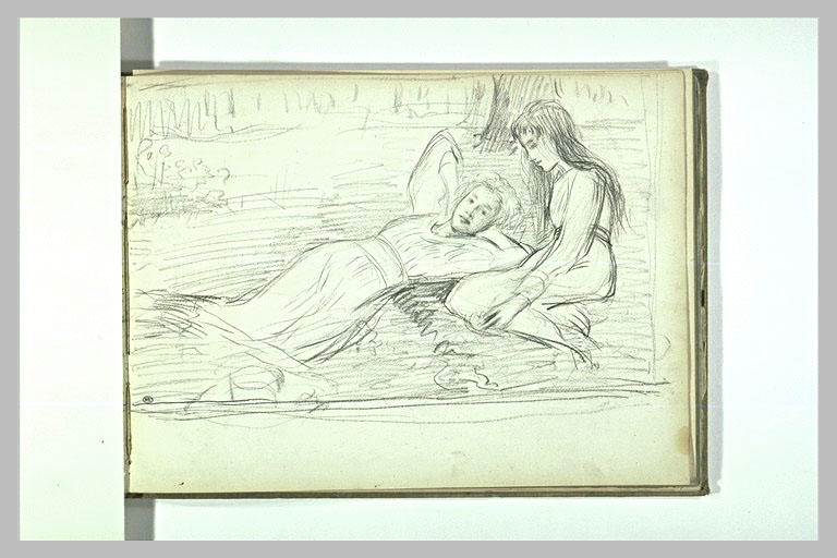 Fillette assise, et fillette allongée sur l'herbe dans un jardin