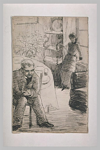 Intérieur d'une salle à manger : homme assis, et femme debout