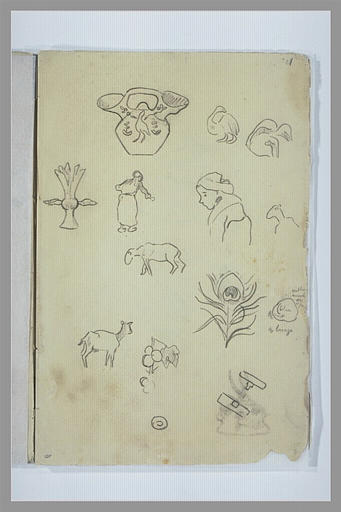 Etudes d'une céramique, de bretonnes, de motifs décoratifs et de moutons