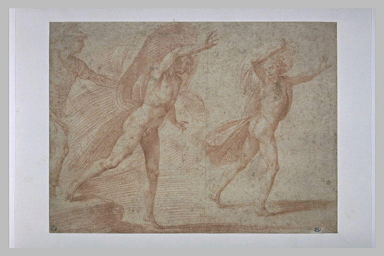 Homme nu, poursuivi par un guerrier, et homme courant