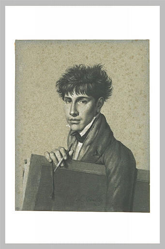 Portrait de jeune homme tenant un grand carton, et un porte-crayon