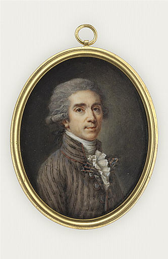 Portrait d'homme en buste, en habit gris-mauve, à raies brunes