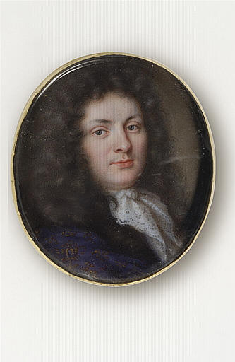Portrait d'homme, en buste, en habit violet à broderies d'or