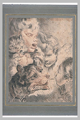 Feuille d'études avec trois têtes d'enfant, un chien et un chat