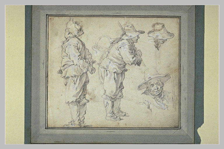 Etudes de deux hommes debout, et de deux têtes masculines