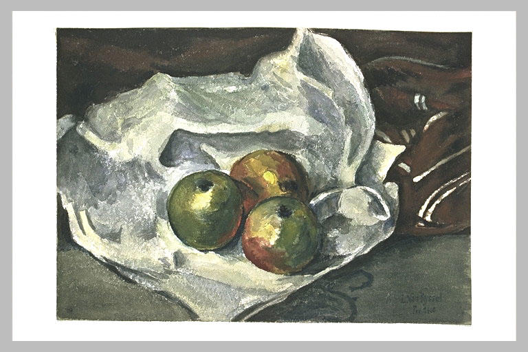 Trois pommes sur un torchon blanc