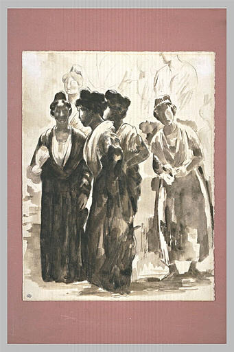Arlésiennes en costume se dirigeant vers la gauche ; en haut, croquis...