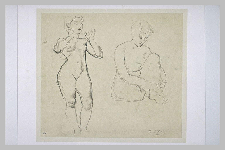 Deux études de femmes nues, l'une debout de face les avant-bras levés,...