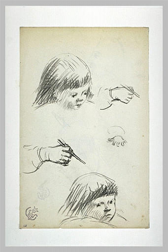 Feuille d'études : deux têtes d'enfant, et trois études de main