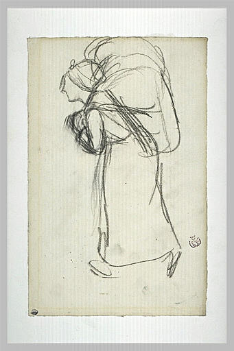 Femme marchant vers la gauche, portant un fardeau