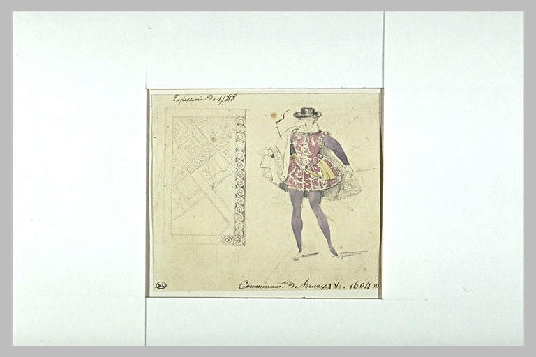 Motif de tapisserie avec des fleurs de lys et personnage en costume Henri IV