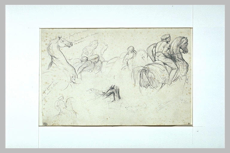 Feuille d'études avec des cavaliers, et des chevaux