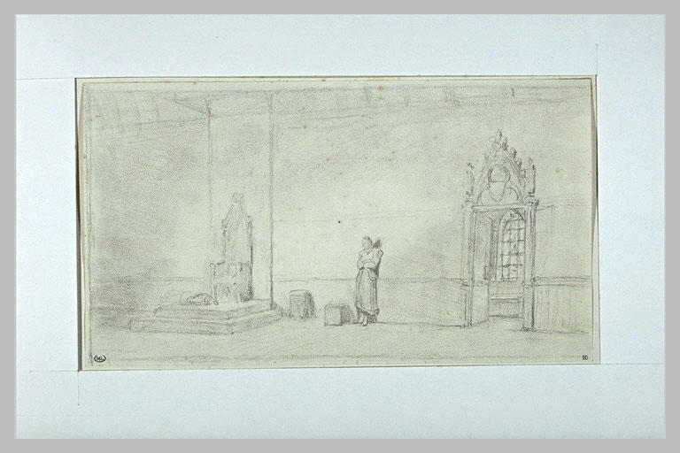 Trône vide près duquel se trouve un homme pensif, les bras croisés