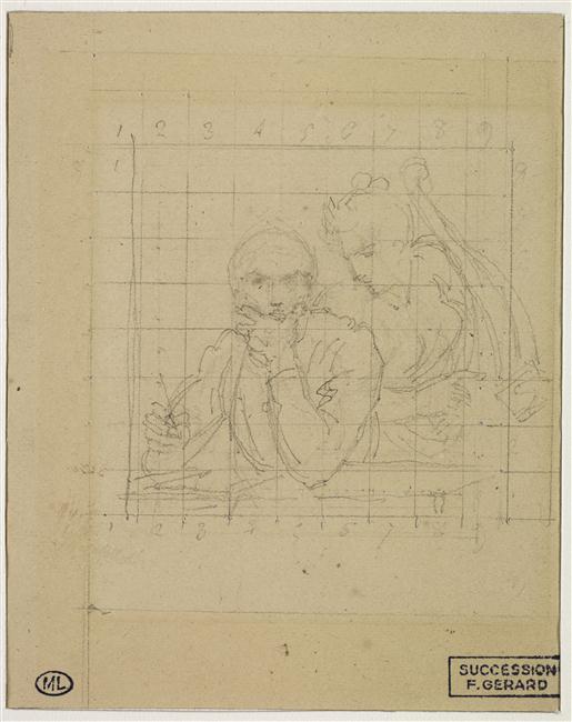 Femme se penchant sur l'épaule d'un homme attablé, tenant un crayon