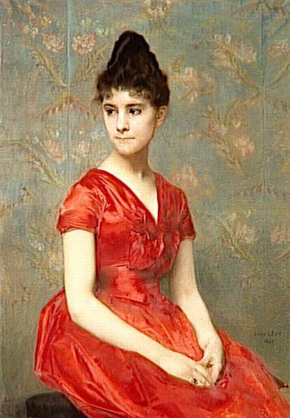 JEUNE FILLE EN ROBE ROUGE SUR FOND DE FLEURS