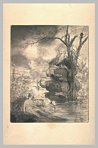 Femme nue assise au bord de l'eau, près d'un crâne : sainte Madeleine (? )