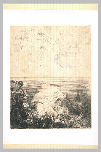 Abords d'une ville animée ; soldats ; croquis