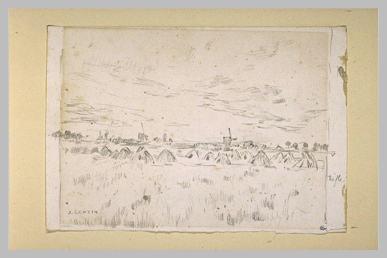 Paysage de campagne avec des meules et des moulins