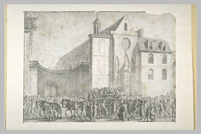 Charrette de prisonniers tirée par deux chevaux, entourée de nombreux...