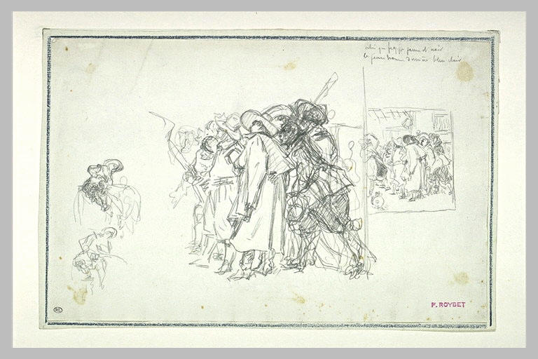 Etudes pour un groupe de personnages en costume XVIIè siècle ; reprise