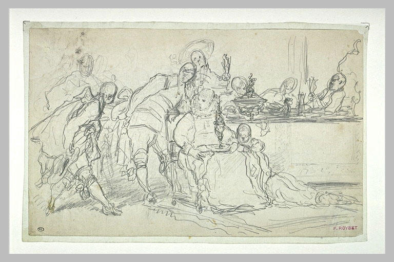 Personnage introduit dans une salle avec des figures attablées