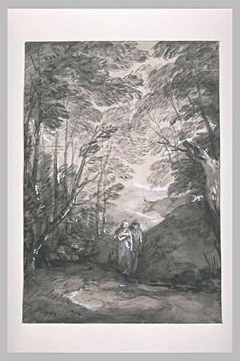 Paysage de forêt avec un couple d'amoureux dans un chemin