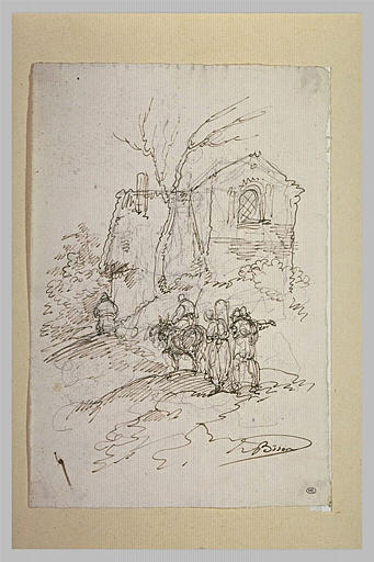 Quatre personnages, sur un chemin passant au pied d'une maison