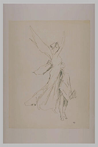 Femme ailée devant une figure tenant une lyre