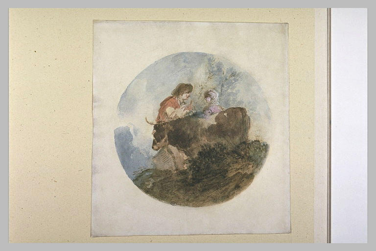 Paysan et paysanne en conversation, accoudés sur une vache