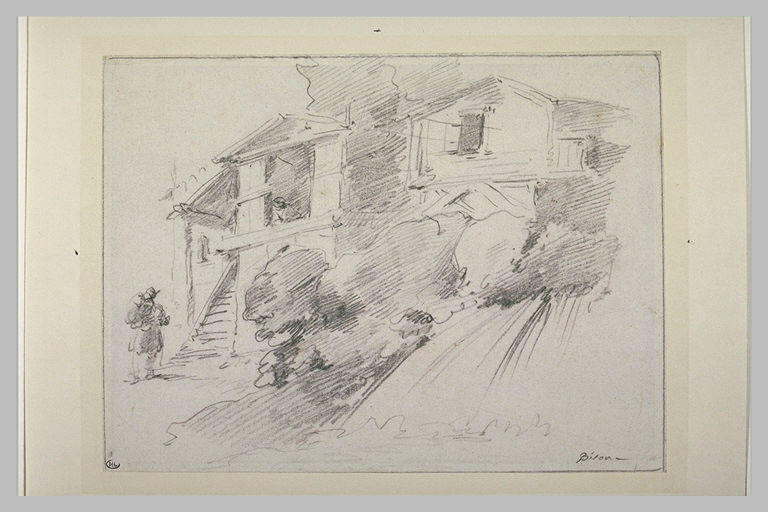 Devant deux maisons, paysan conversant avec une femme