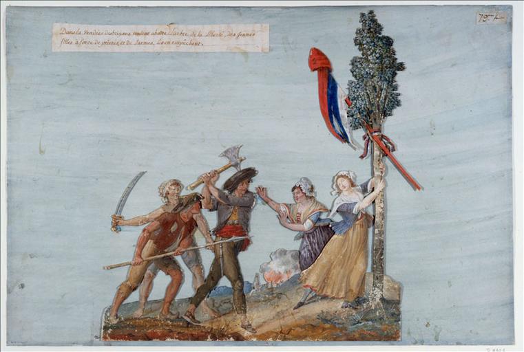 'Brigands' s'apprêtant à abattre un arbre de la Liberté, en Vendée. (titre factice)