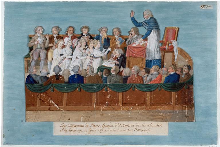 Citoyennes de Paris faisant hommage de leurs bijoux à l'Assemblée Constituante, le 7 septembre 1789. (titre factice) ; Des Citoyennes de Paris, Epouses d'Artistes et de Marchands. Font hommage de leurs Bijoux à la convention Nationale. (titre inscrit)
