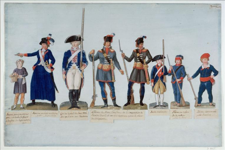 Théroigne de Méricourt en habit d'amazone. (titre factice) ; Garde de Louis XVI. (titre factice) ; Elèves de l'Ecole de Mars, Paris. (titre factice) ; Enfants en uniforme et vêtus à l'antique. (titre factice)