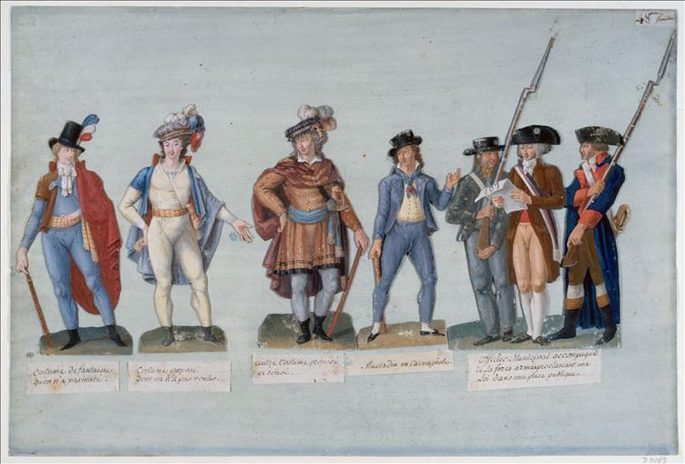 Trois projets de costumes masculins et muscadin en Carmagnole. (titre factice) ; Officier municipal proclamant une loi. (titre factice)
