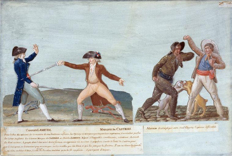 Duel de Charles Lameth et du marquis de Castries, le 12 novembre 1790. (titre factice) ; Charles Lameth. Marquis De Castries. (titre inscrit) ; Bagarre d'hommes du peuple. (titre factice)