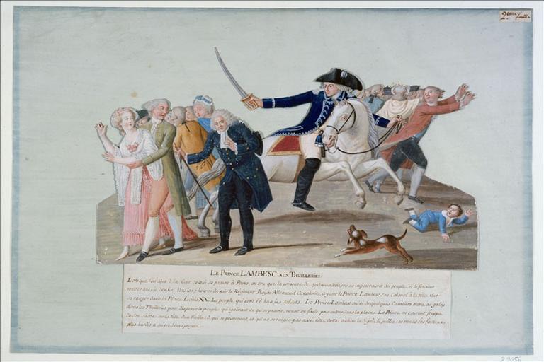 Le prince de Lambesc charge la foule aux Tuileries, Paris, le 12 juillet 1789. (titre factice) ; Le Prince Lambesc aux Thuilleries (titre inscrit)