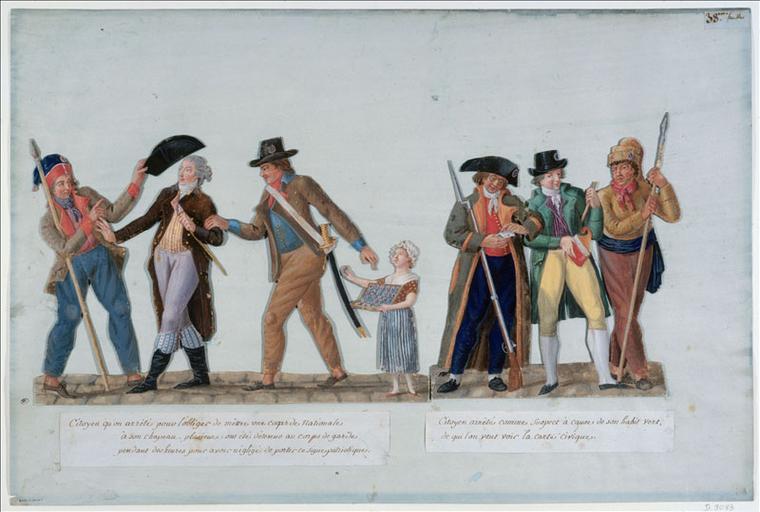 Obligation du port de la cocarde tricolore. (titre factice) ; Deux sans-culottes arrêtent un suspect en habit vert. (titre factice)