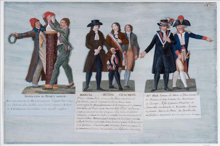 Le buste de voltaire coiffé du bonnet rouge par deux citoyens. (titre factice) ; Invention du Bonet rouge. (titre inscrit) ; Pierre Louis Manuel (1751-1793), procureur de la Commune de Paris ; Jérôme Pétion de Villeneuve (1756-1794), maire de Paris ; Pierre-Gaspard Chaumette (1763-1794), membre de la Commune de Paris. (titre factice) ; Jean Sylvain Bailly (1736-1793), maire de Paris. (titre factice)