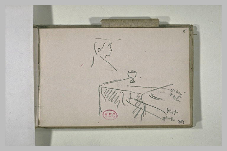 Buste d'homme, de profil ; table sur laquelle est posée un verre