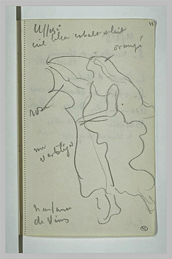 Croquis d'après La Naissance de Vénus de S. Botticelli ; notes manuscrites