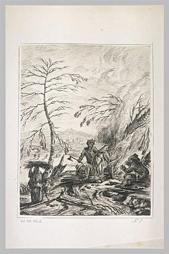 Figures se chauffant d'un feu de bois et d'autres ramassant des fagots