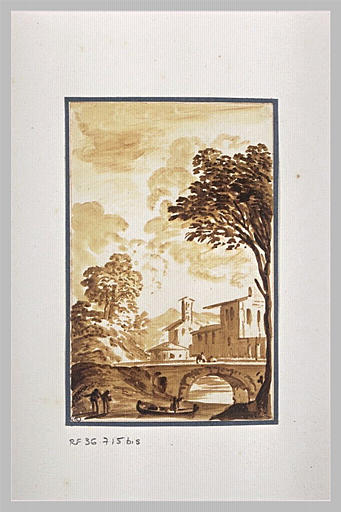 Groupe de maisons et pont au-dessus d'une rivière